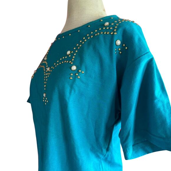 Vintage Top Womens Size Large Blue Western Retro Rhinestones Rodeo Cowgirl Work - Picture 6 of 7